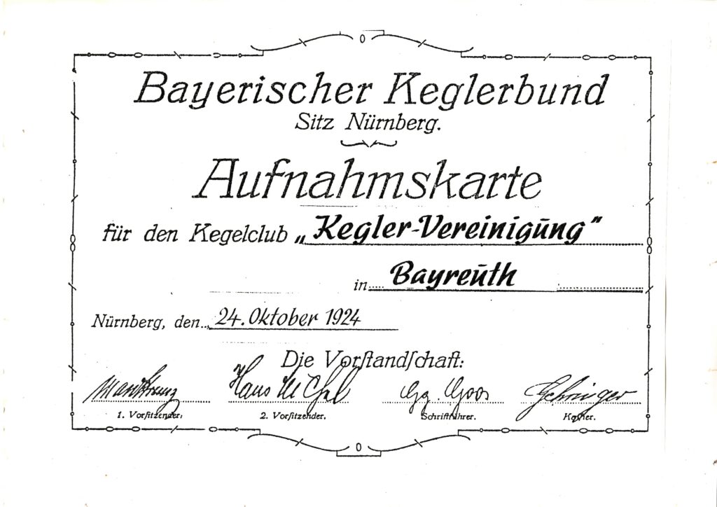Gründung des Verein Bayreuther Sportkegler e. V.